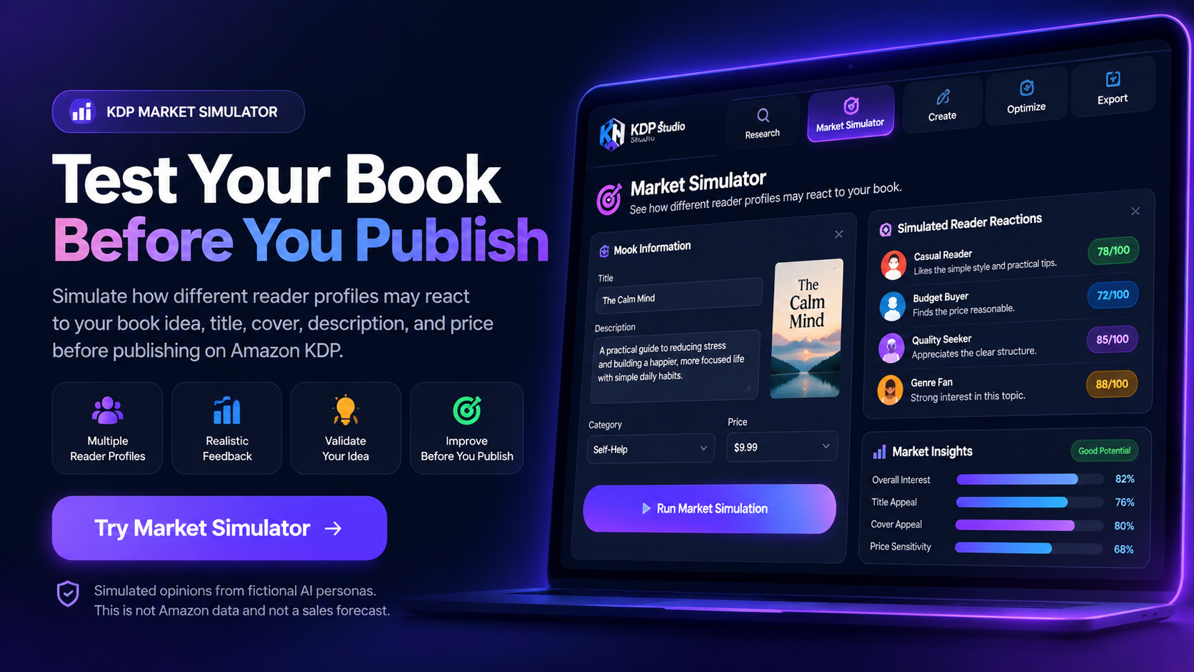 KDP Market Simulator: a laptop shows the simulator workspace with book information, simulated reader reactions and market insights, beside the headline Test Your Book Before You Publish and a Try Market Simulator button.
