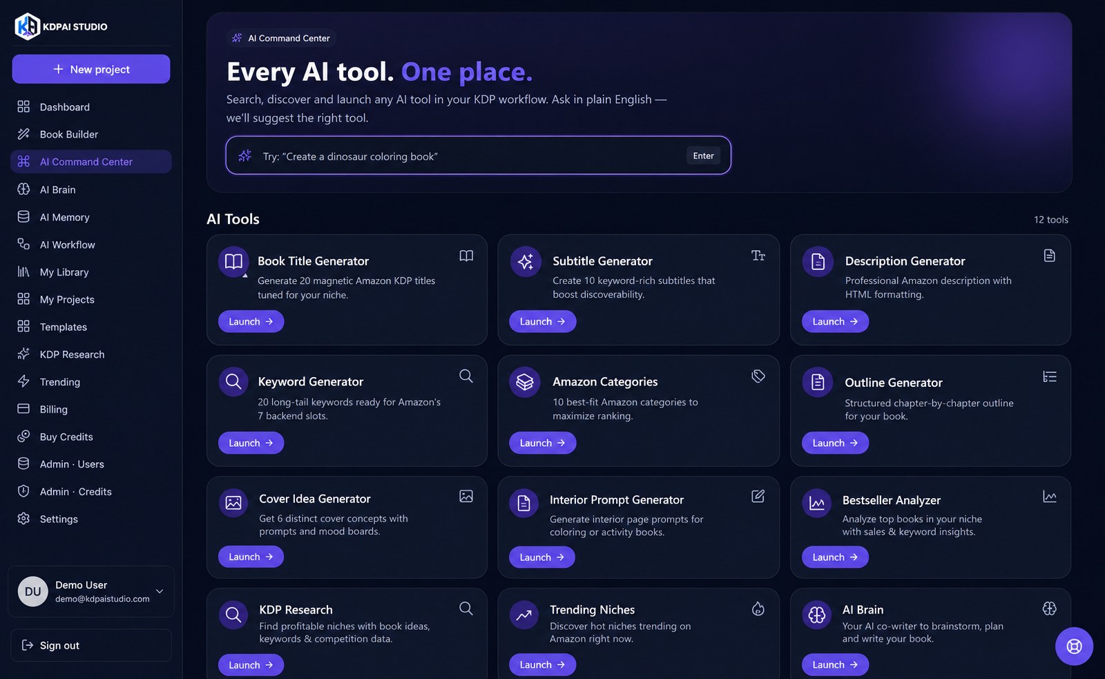 AI Command Center in KDP AI Studio showing the natural-language tool launcher