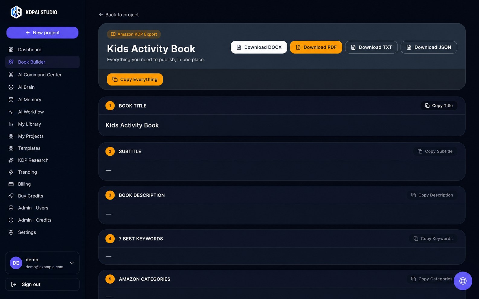 Export for Amazon KDP page in KDP AI Studio with DOCX, PDF and TXT downloads
