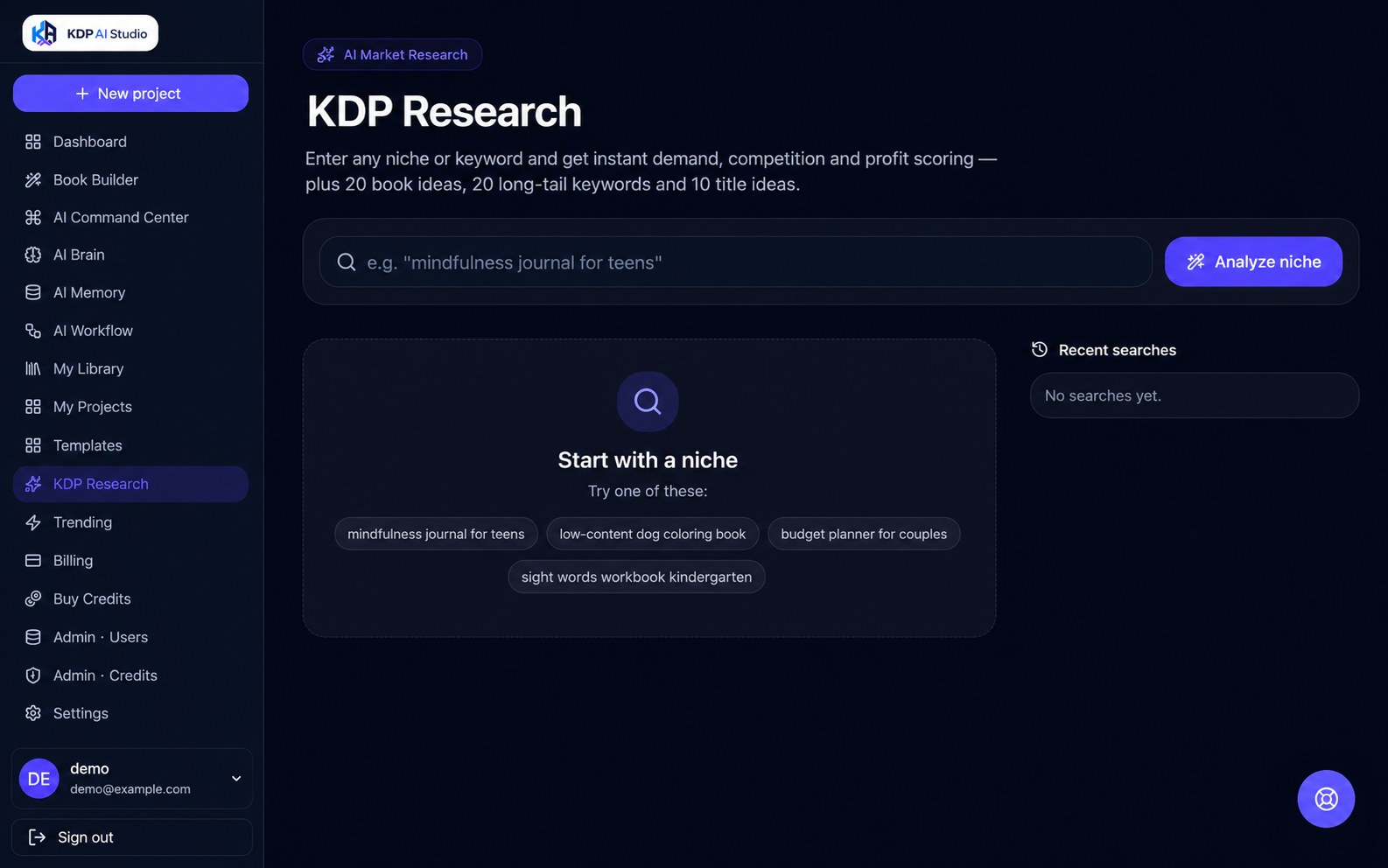 KDP Research page in KDP AI Studio analysing a niche for demand and competition
